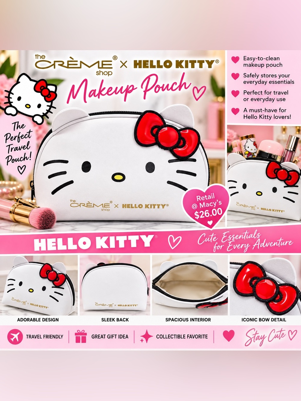 New! The Creme Shop Hello Kitty Dome Makeup Bag - Red Bow